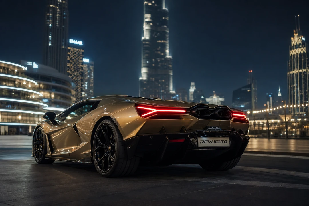 Lamborghini Revuelto exterior at Downtown Dubai night with Burj Khalifa backdrop for rent Lamborghini Revuelto Dubai plans