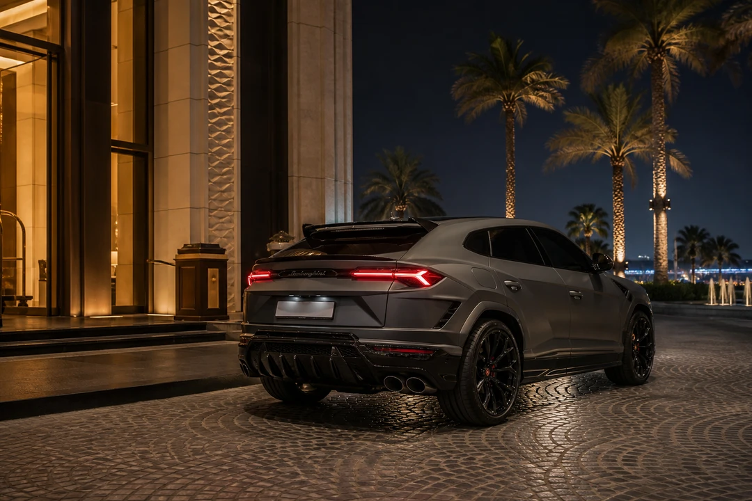 Lamborghini Urus Performante at a Palm Jumeirah resort entrance for Lamborghini car rental Dubai arrivals