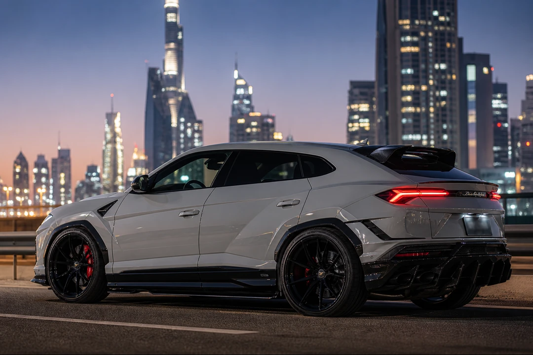 Lamborghini Urus Performante exterior on Sheikh Zayed Road for rent Lamborghini Urus Performante Dubai plans