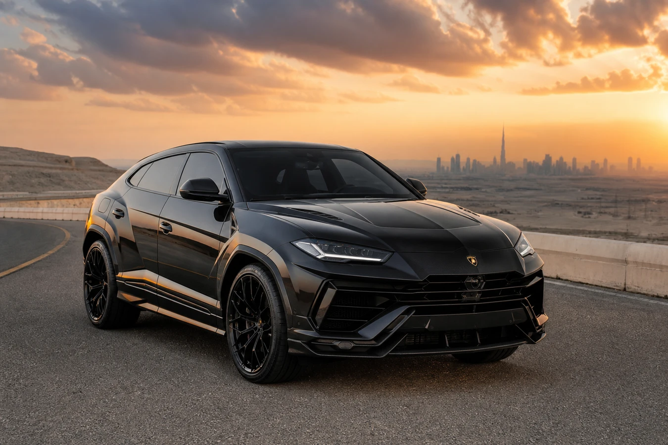 Lamborghini Urus Performante rental Dubai guide hero on a desert highway overlook at golden hour