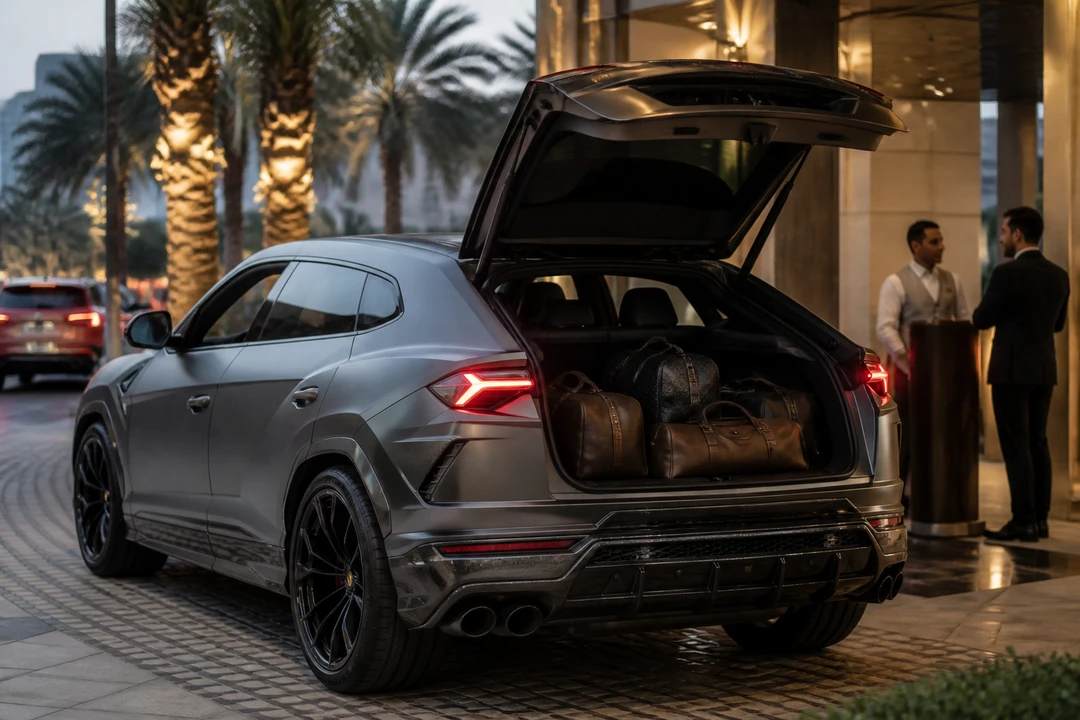 Lamborghini Urus Performante open hatch with weekend luggage for luxury SUV rental Dubai packing plans