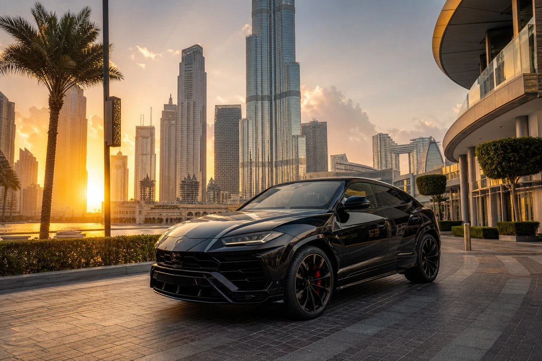 Lamborghini Urus exterior at Downtown Dubai boulevard for rent Lamborghini Urus Dubai city plans