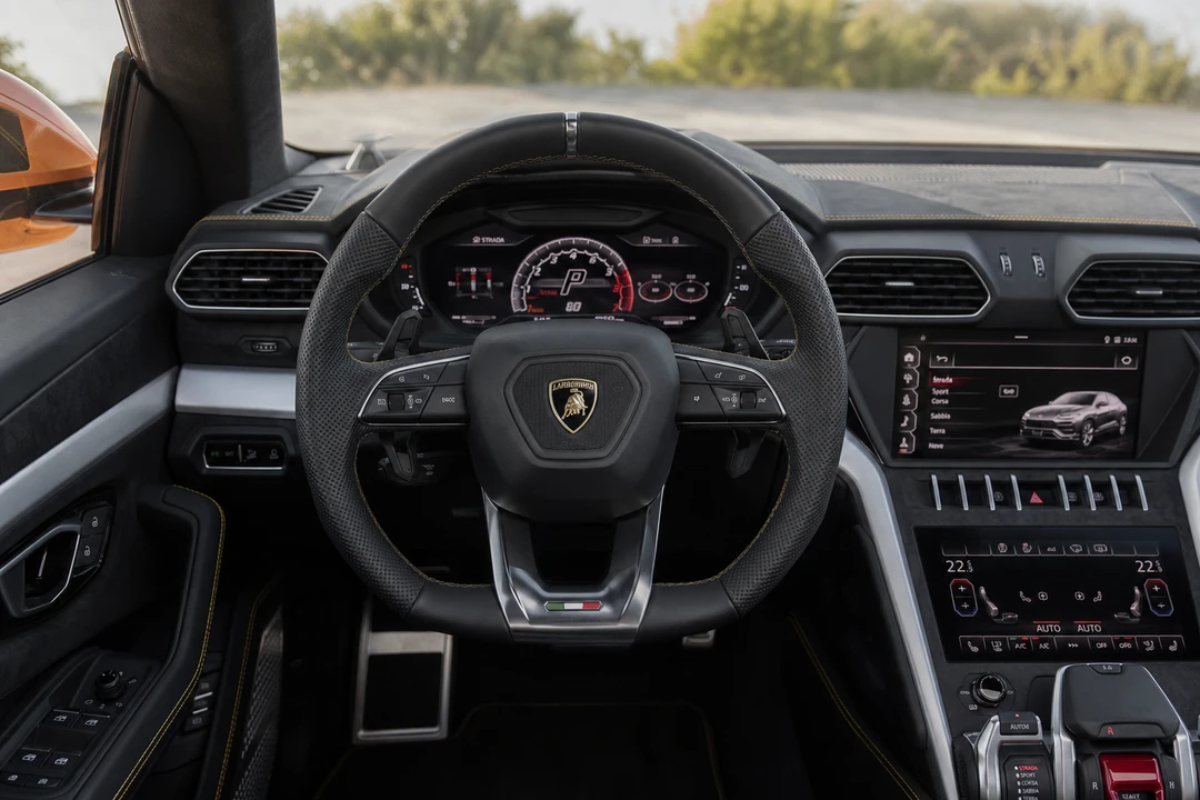 Lamborghini Urus interior driver cockpit with digital dash for busy Dubai city driving