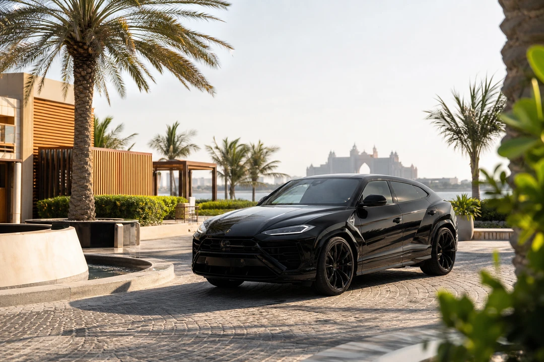 Lamborghini Urus SE at a Dubai waterfront setting for Palm and Marina lifestyle plans