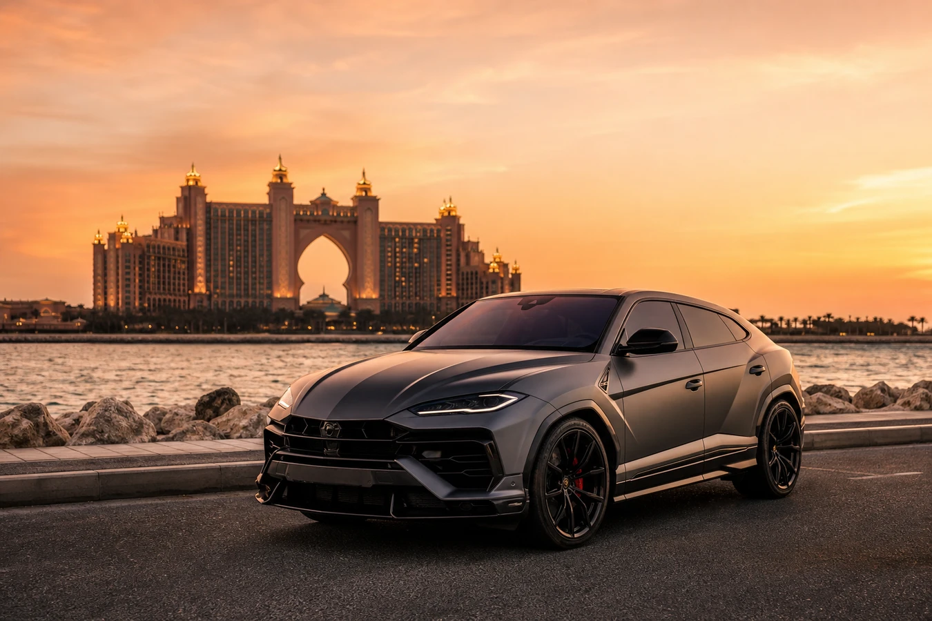 Lamborghini Urus SE rental Dubai guide hero with hybrid super SUV at Palm Jumeirah skyline