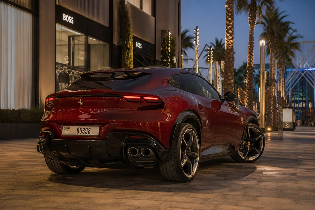 Ferrari Purosangue at City Walk Dubai dusk for best luxury car Dubai boutique evenings