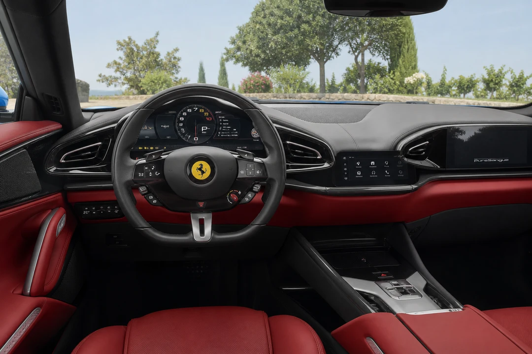 Ferrari Purosangue cockpit for luxury car comparison Dubai and Ferrari SUV character