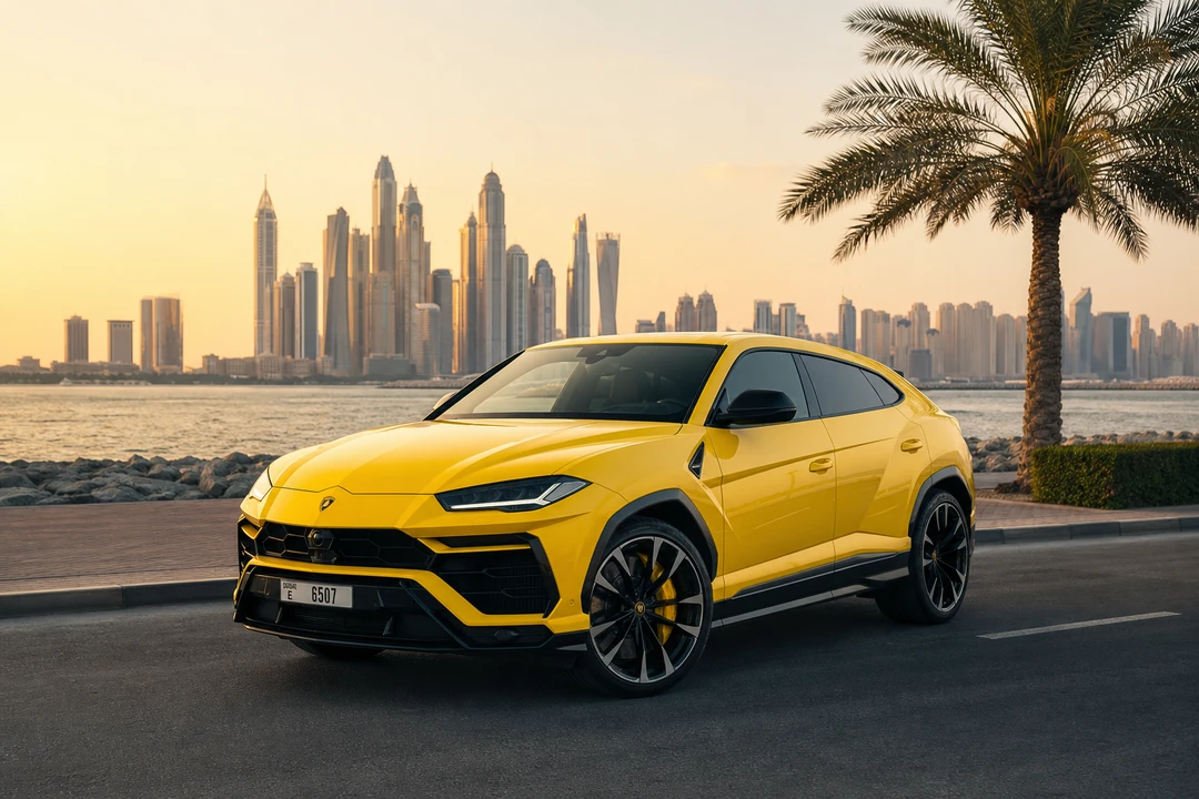 Lamborghini Urus exterior on Palm Jumeirah for Urus vs G63 rental Dubai decisions