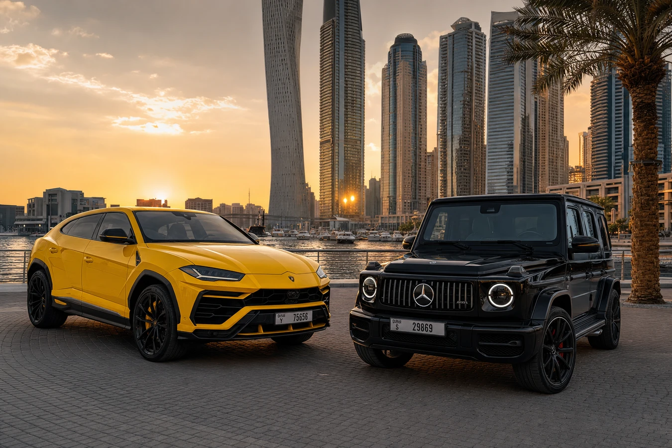 Lamborghini Urus vs G63 vs Range Rover Dubai comparison hero at Marina waterfront