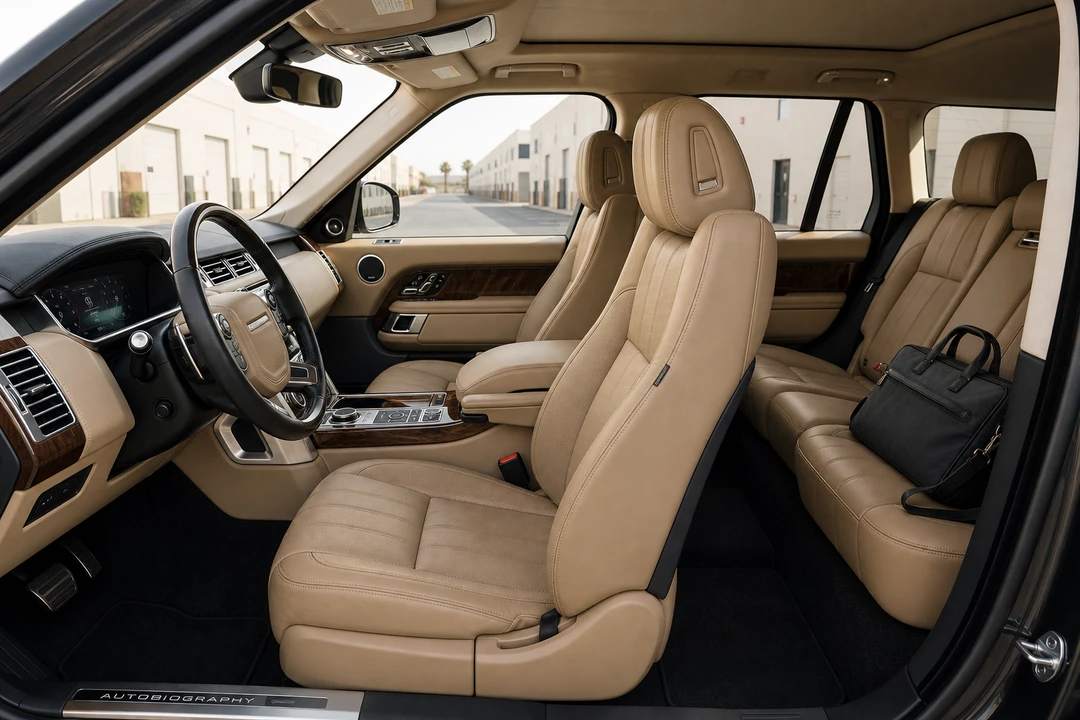 Range Rover cabin for Alserkal gallery hops and Al Quoz office visits with bags on the rear bench