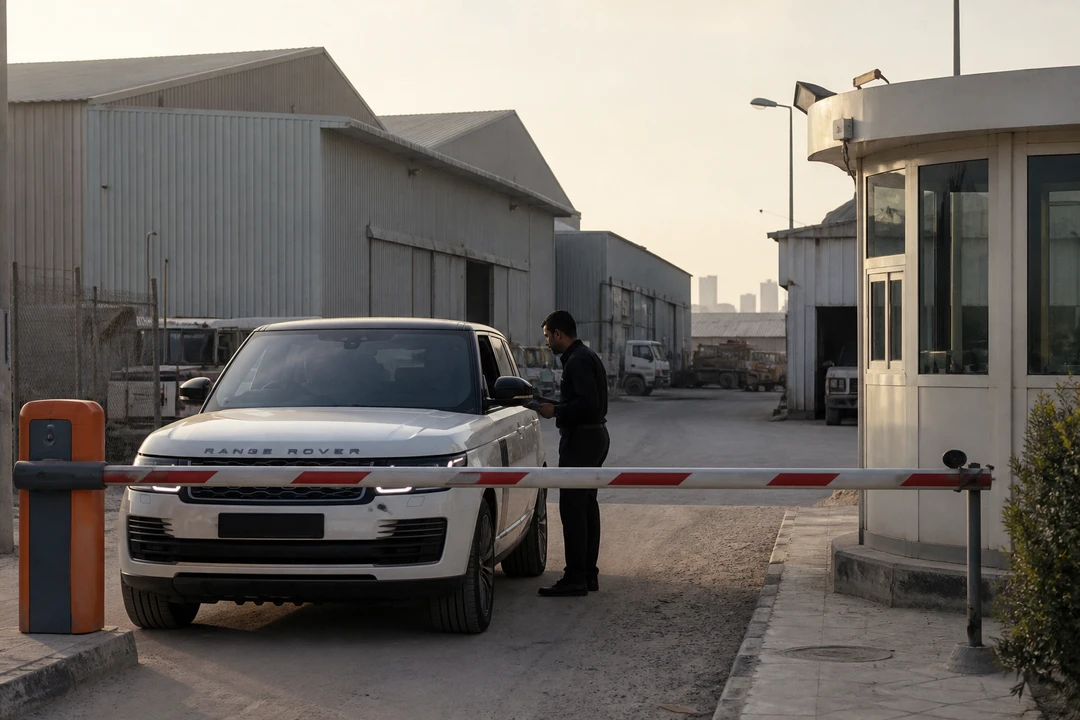 Dubai car delivery at an Al Quoz warehouse gate with a luxury SUV and a concierge checking the access note
