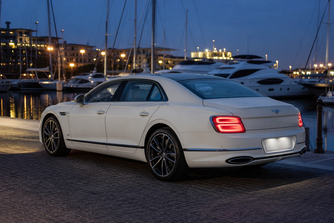 Bentley Flying Spur at a Jumeira Bay marina quay for best cars to rent Dubai evening plans