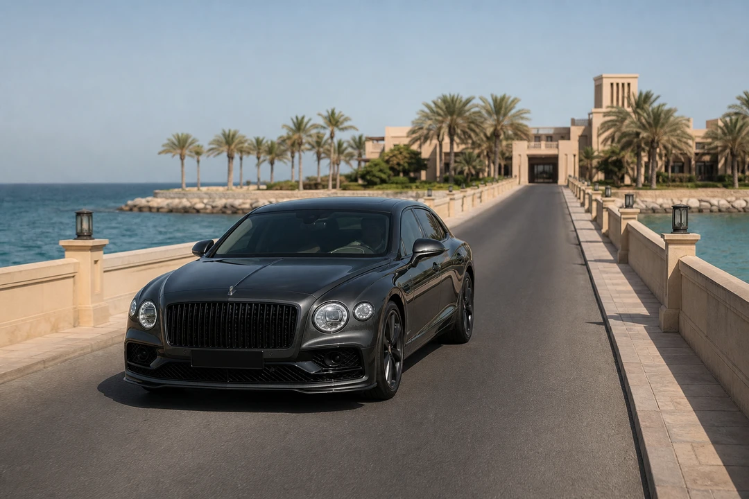 Bentley Flying Spur on the Jumeira Bay causeway for luxury car rental Dubai island access
