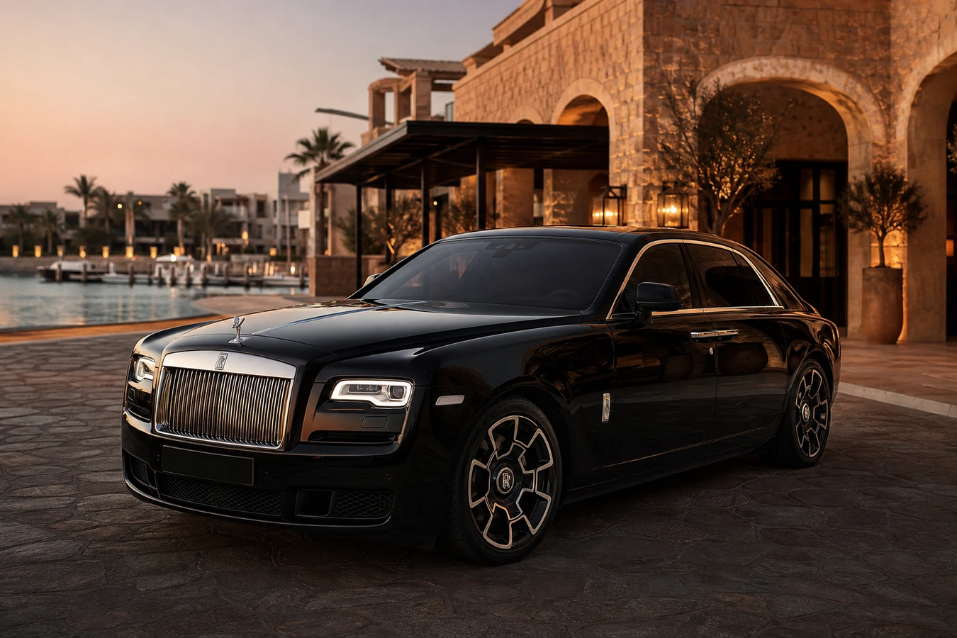 Luxury car rental Bulgari Island Dubai with a Rolls-Royce Ghost at Bulgari Resort Dubai at dusk