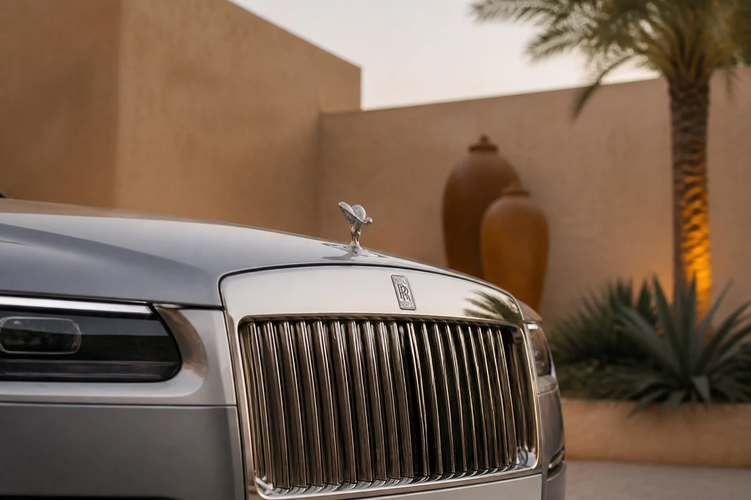 Rolls-Royce Ghost grille and Spirit of Ecstasy at a Jumeira Bay resort wall
