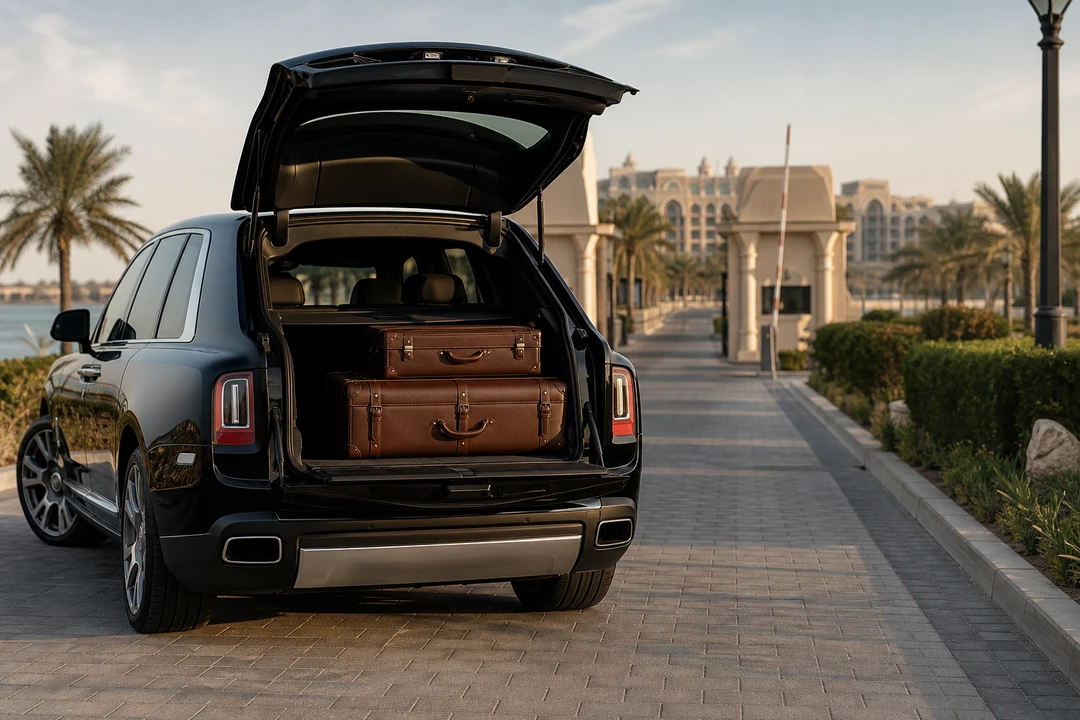 Rolls-Royce Cullinan luggage at a Dubai island causeway for Dubai car delivery