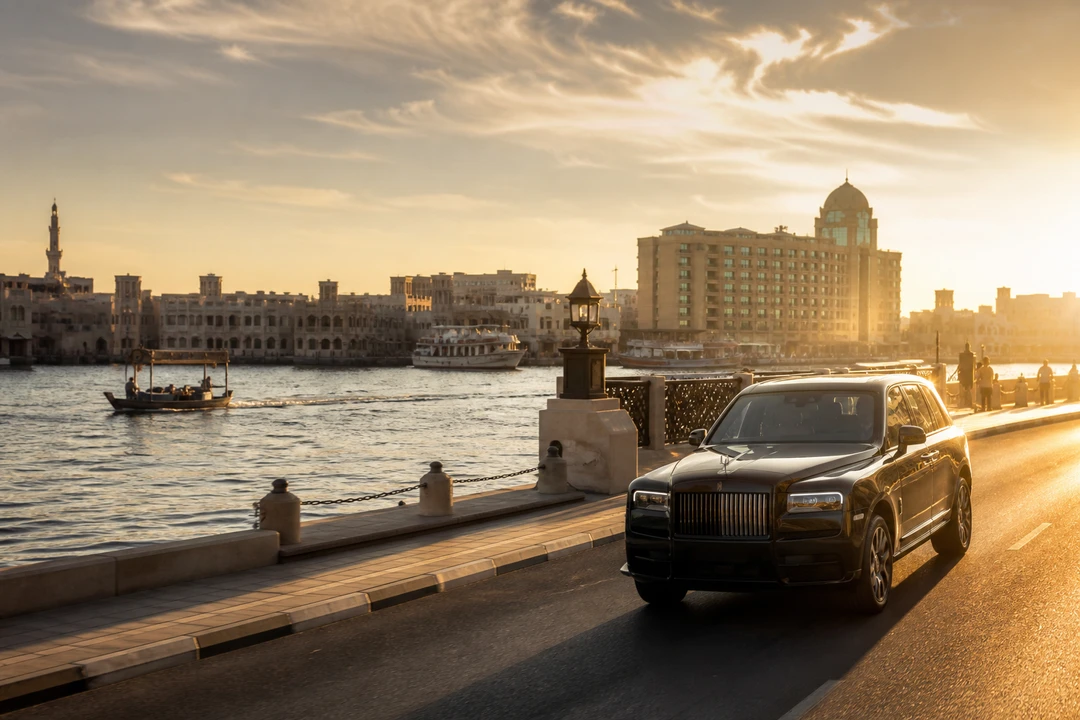 Luxury SUV driving along Dubai Creek at golden hour for UAE road trip rental plans near Bur Dubai
