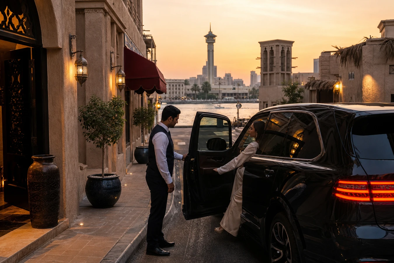 Luxury car rental Bur Dubai hero with a black SUV at a hotel valet stop and Dubai Creek glow in the background