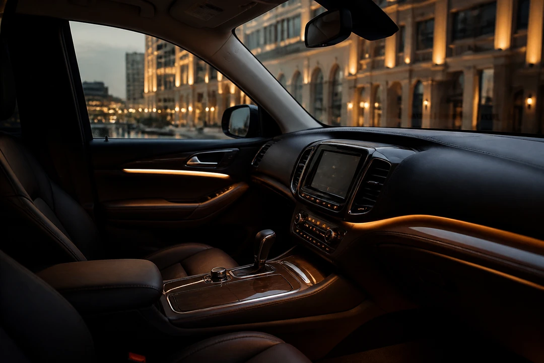 Luxury SUV cabin for Bur Dubai hotel weeks: leather seats and warm ambient lighting for creek-side plans