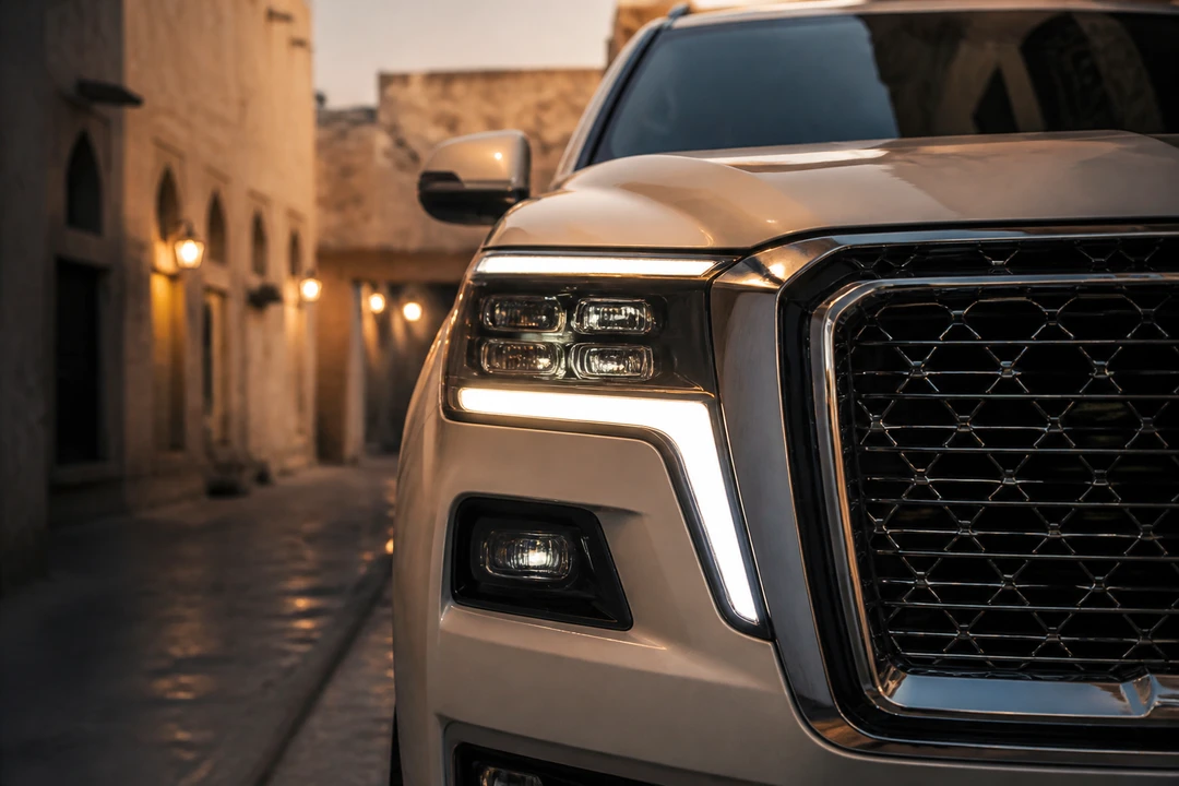 Close-up of luxury SUV front grille detail against old Bur Dubai street architecture