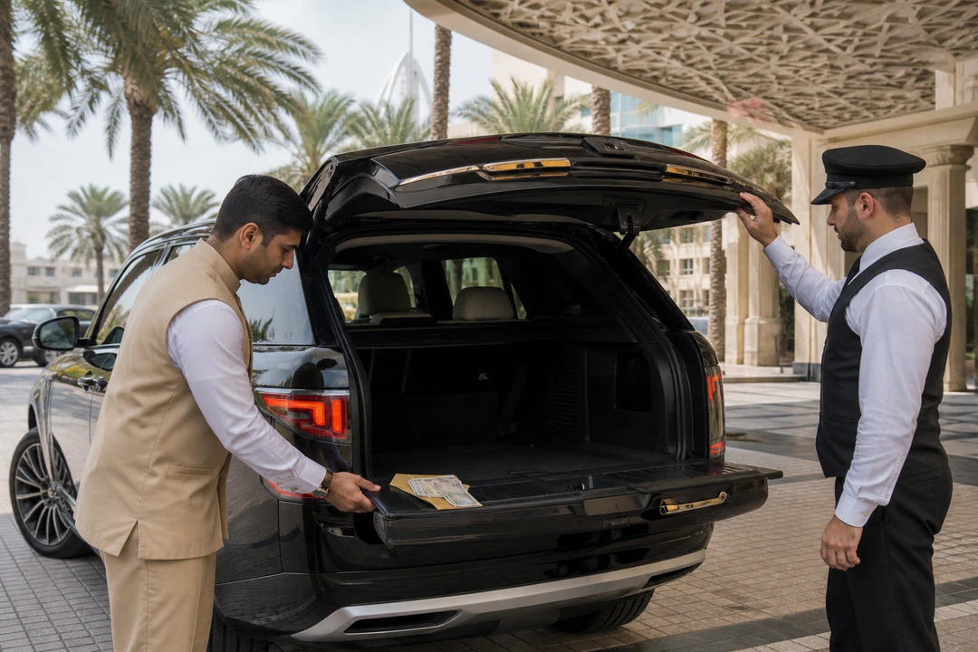 Luxury car rental Dubai cash payment at a hotel valet with a concierge placing a rental agreement folder and UAE dirhams by the open trunk