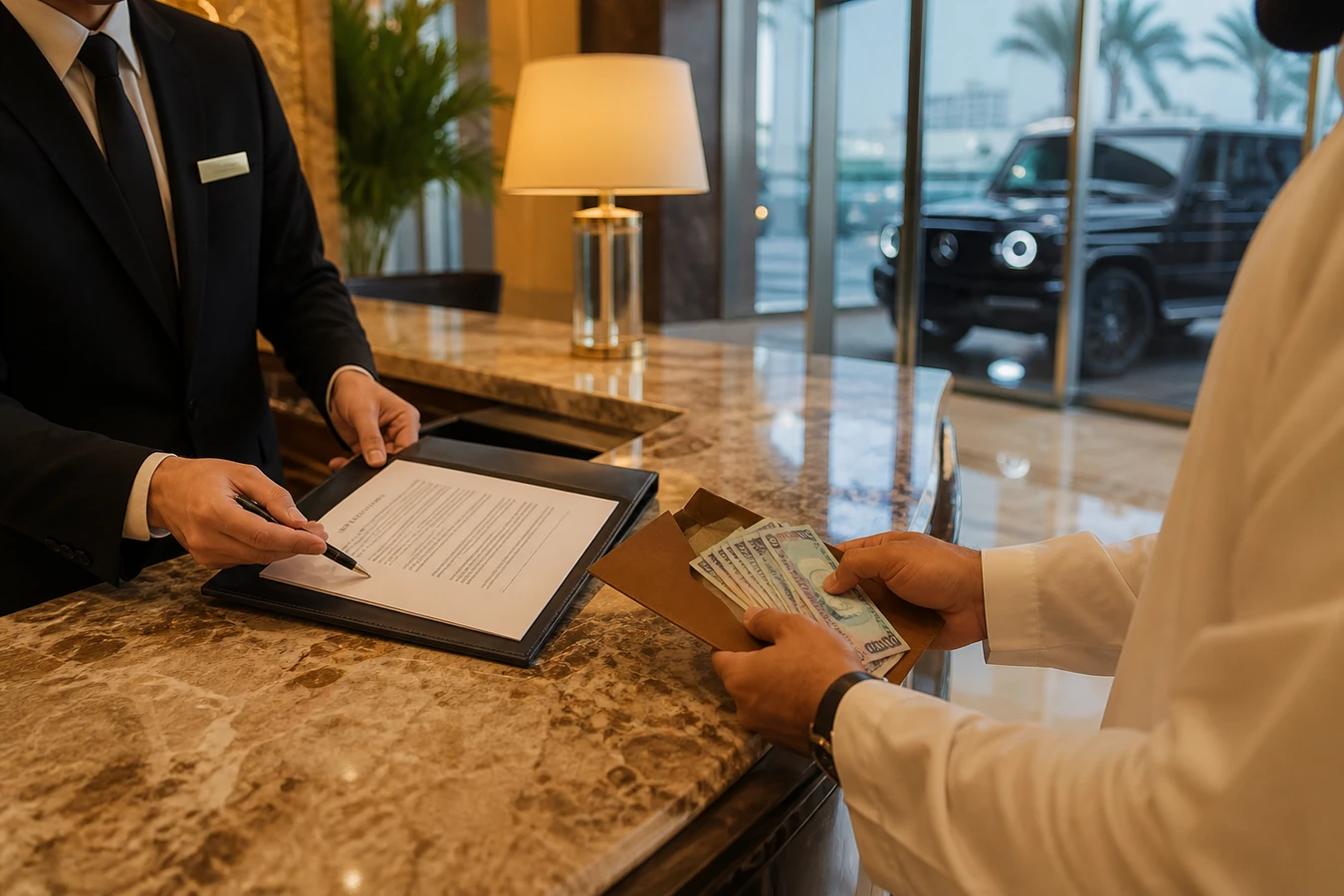 Luxury car rental Dubai cash payment scene with a rental agreement and UAE dirhams at a hotel concierge desk
