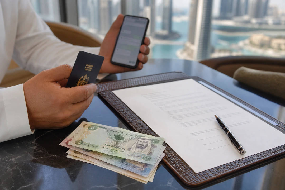 Dubai car rental payment documentation table with cash, passport, and a rental agreement folder for luxury car hire Dubai