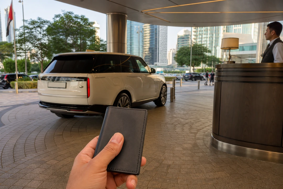 Dubai car rental payment at a Business Bay hotel valet beside a white Range Rover before keys are released