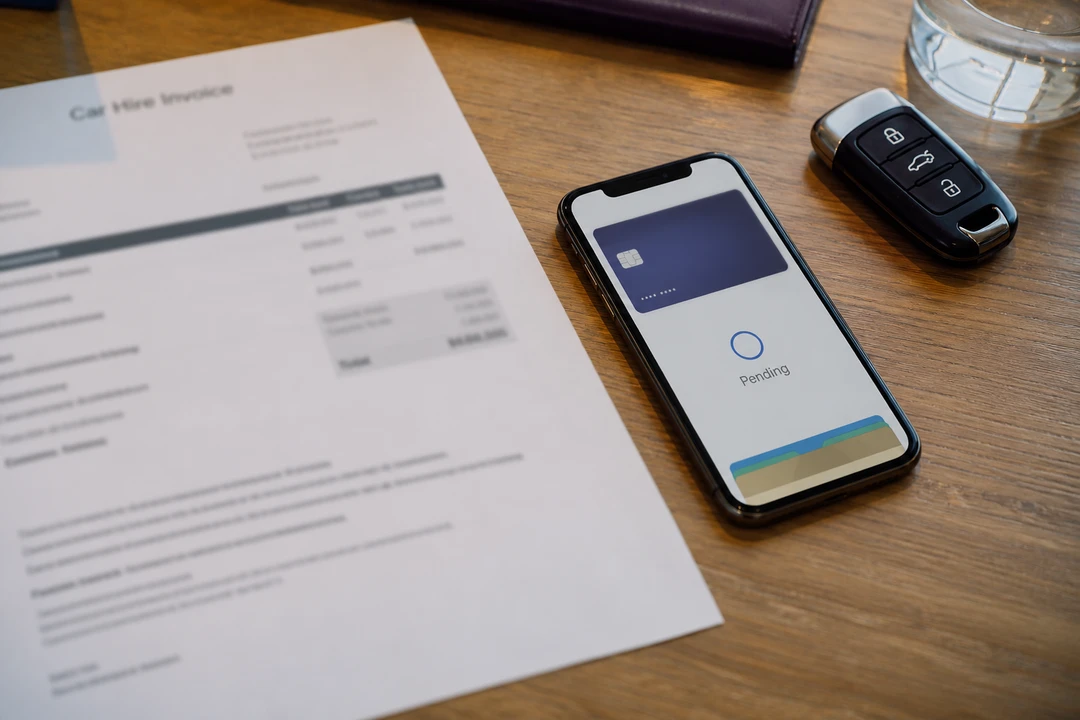 Dubai rental terms: hire invoice beside a phone showing a pending rental deposit Dubai card hold