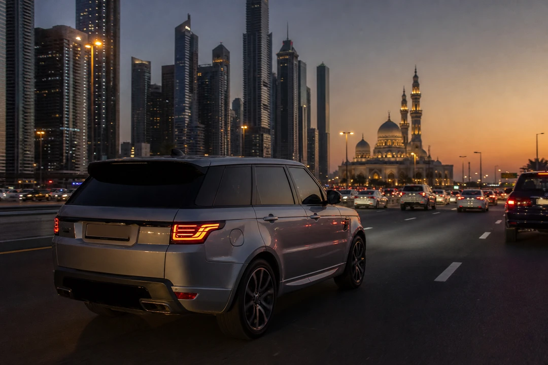 Range Rover on Sheikh Zayed Road at dusk for luxury car rental Dubai during iftar-hour traffic