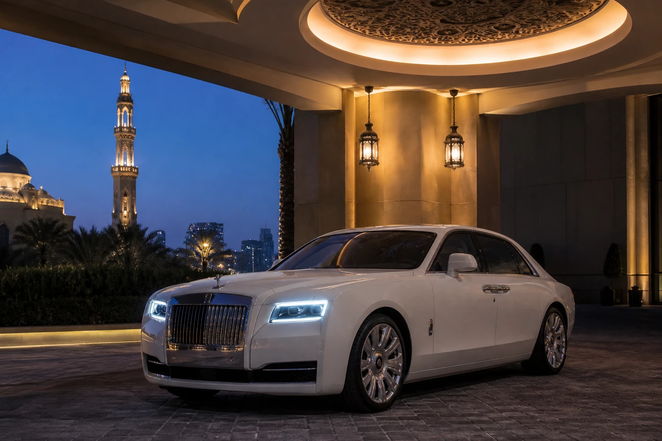 Luxury car rental Dubai Ramadan: Rolls-Royce Ghost at a Downtown hotel at blue hour with a mosque minaret behind