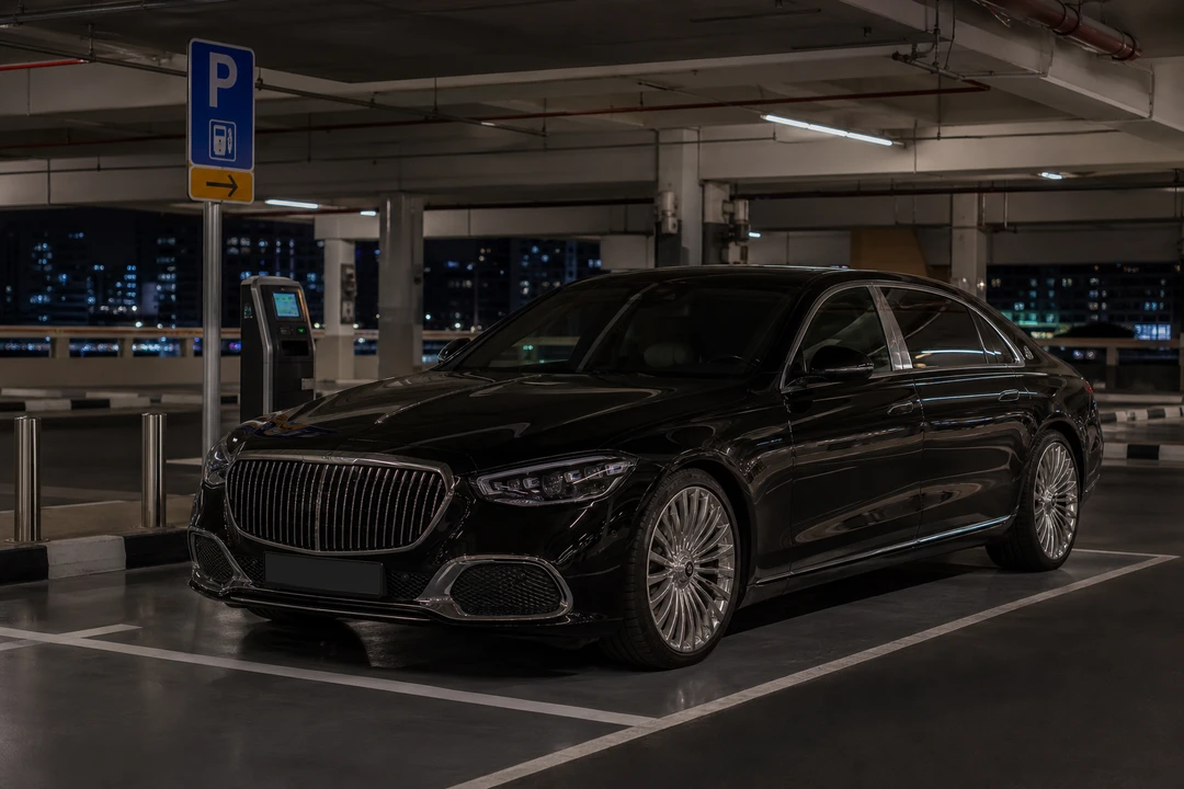 Dubai car hire parking at a mall at night beside paid-parking signage during Ramadan evening hours