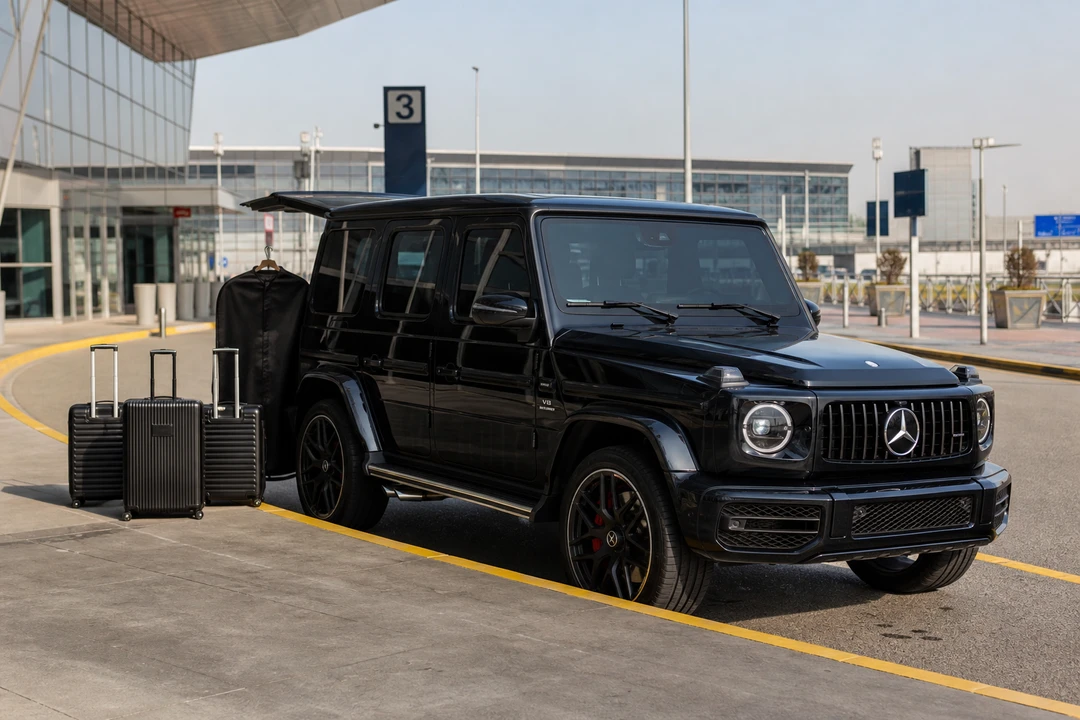 Mercedes-Benz G63 with roller cases at DWC kerb for Dubai car delivery and airport luggage weeks