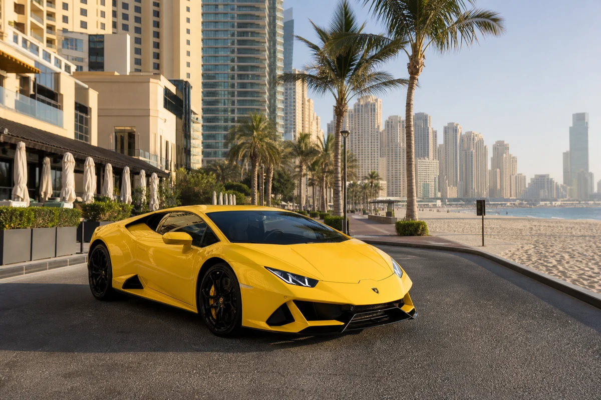 Supercar rental Dubai in winter morning light with a Lamborghini Huracán on JBR Beach Road