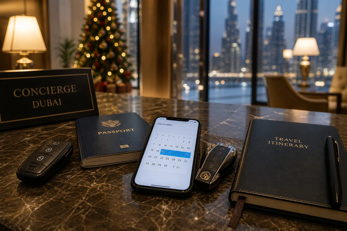 Dubai car hire winter booking still life with keys, passport, and a December calendar on a hotel desk