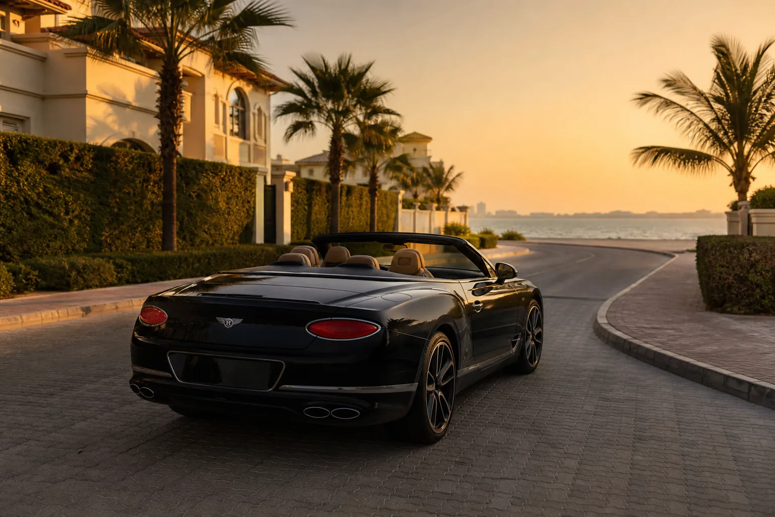Bentley Continental GTC on a Jumeirah coastal road for best cars to rent Dubai evening loops
