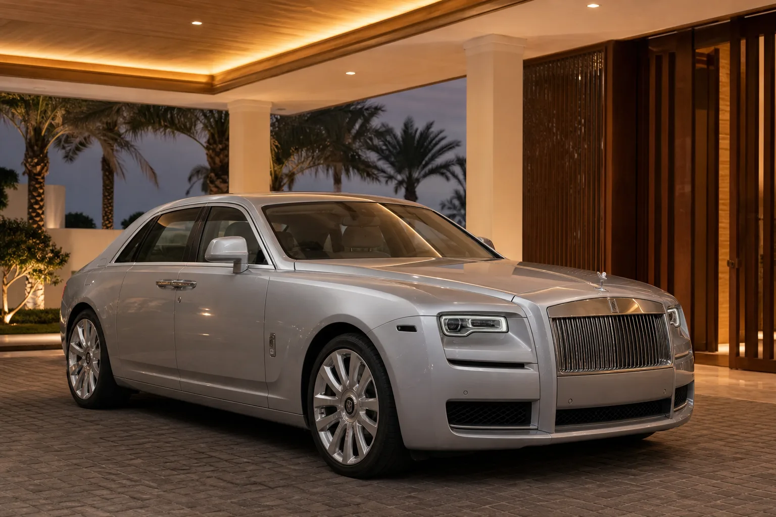 Rolls-Royce Ghost at a Jumeirah villa for luxury car rental Dubai hotel and residence stays