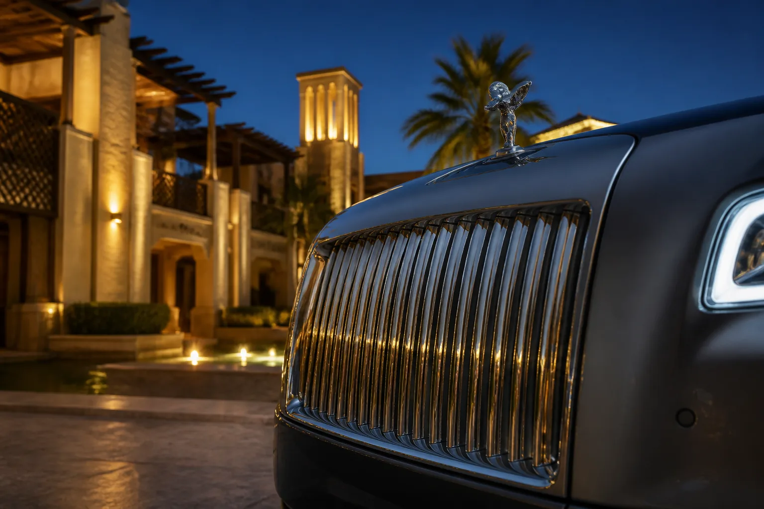 Rolls-Royce Ghost grille against Jumeirah low-rise architecture for luxury car rental Jumeirah Dubai