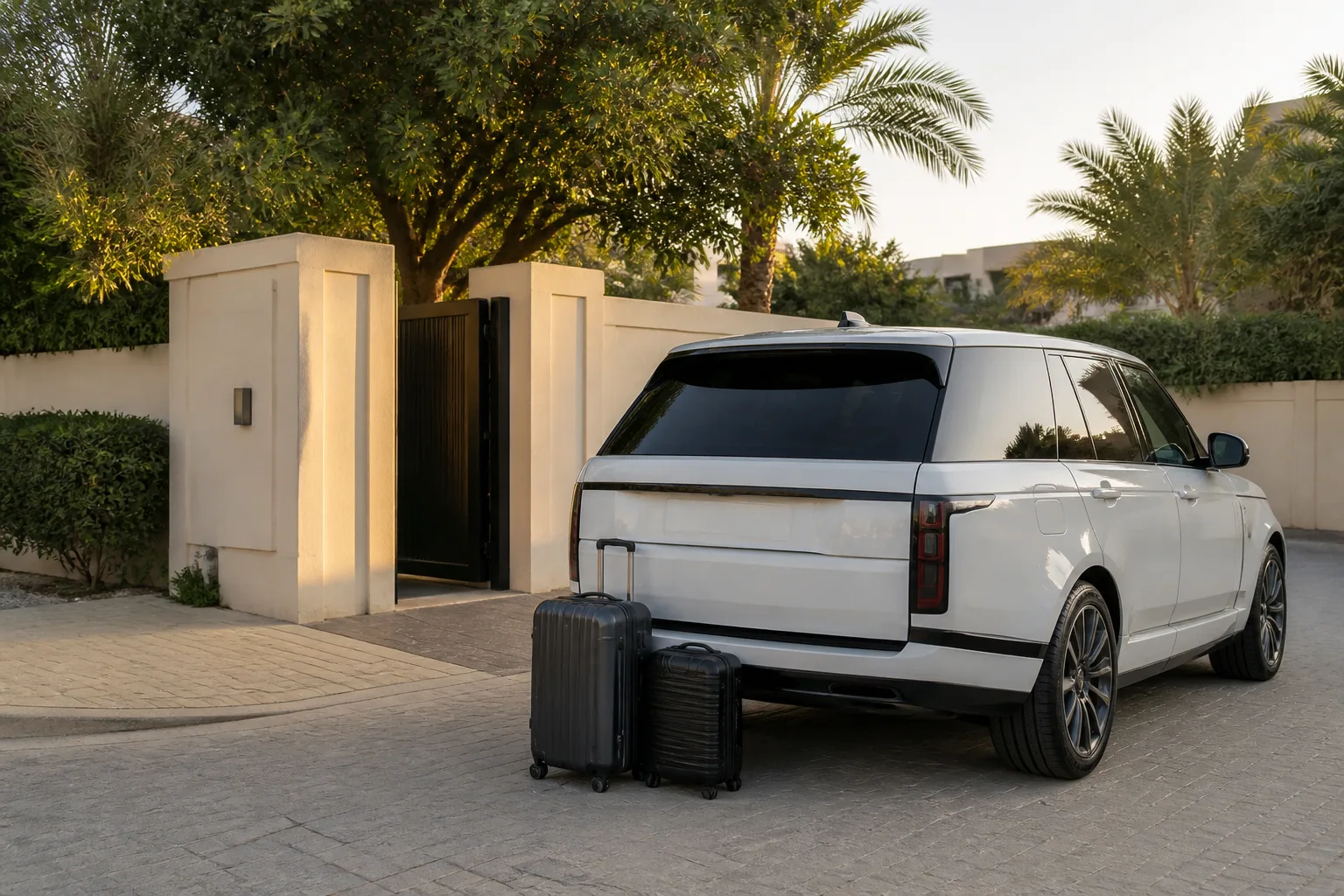 Range Rover at a Jumeirah villa gate for Dubai car delivery and family luggage