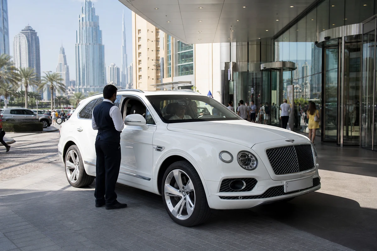 Bentley Bentayga at Mall of the Emirates valet for luxury car rental Dubai family shopping days