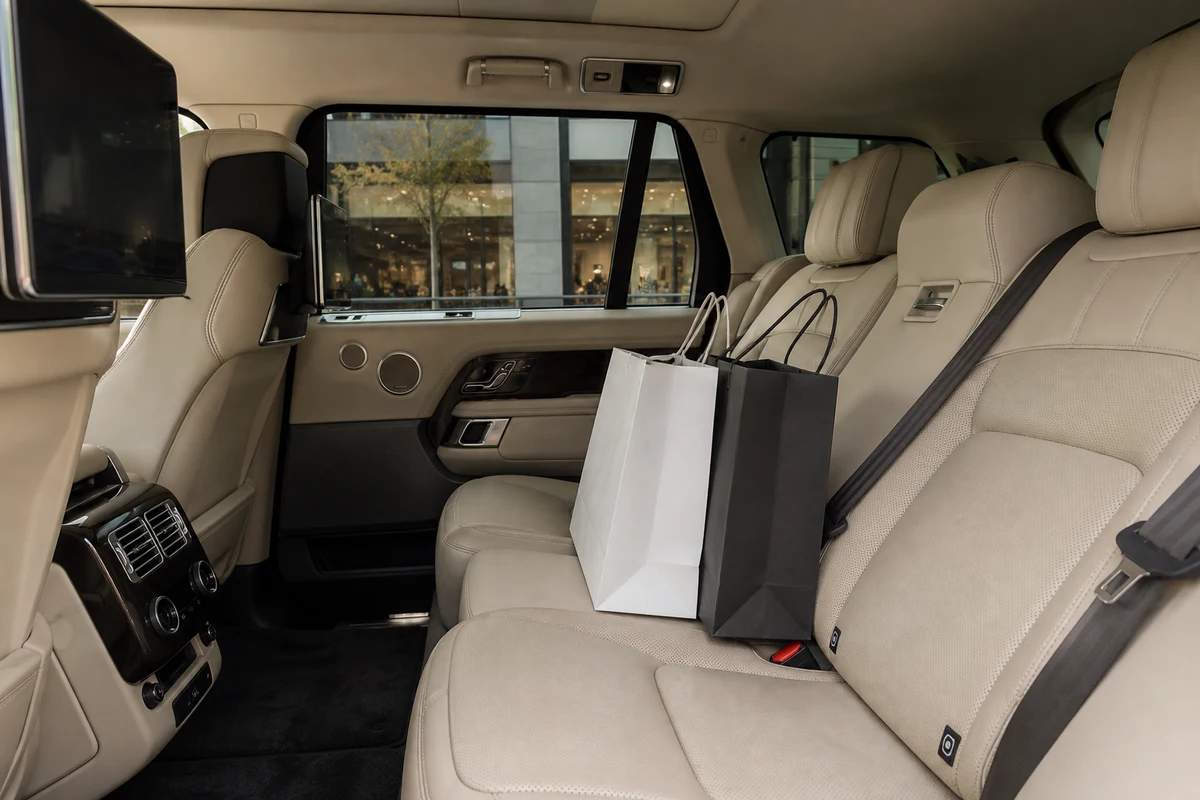 Range Rover rear cabin with shopping bags for family luxury car rental Dubai at Mall of the Emirates