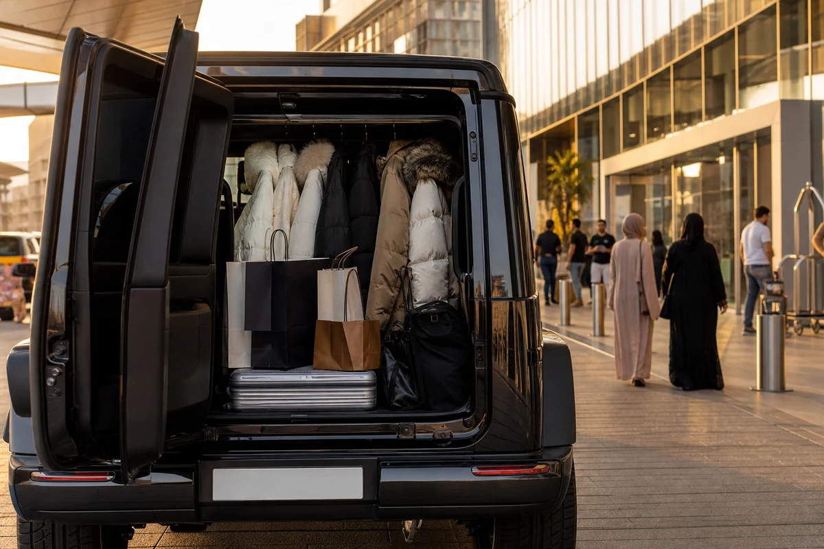 Open SUV boot with shopping bags at a Dubai mall kerb before Ski Dubai and hotel return