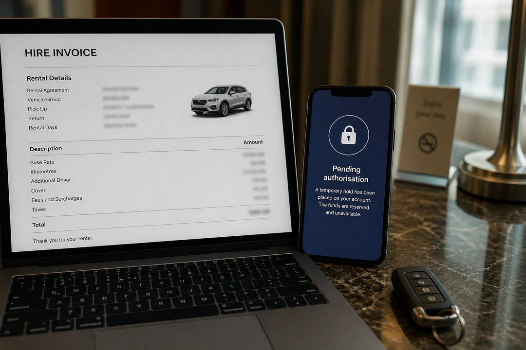 Rental deposit Dubai hold on a phone beside a hire invoice on a laptop for luxury car hire Dubai