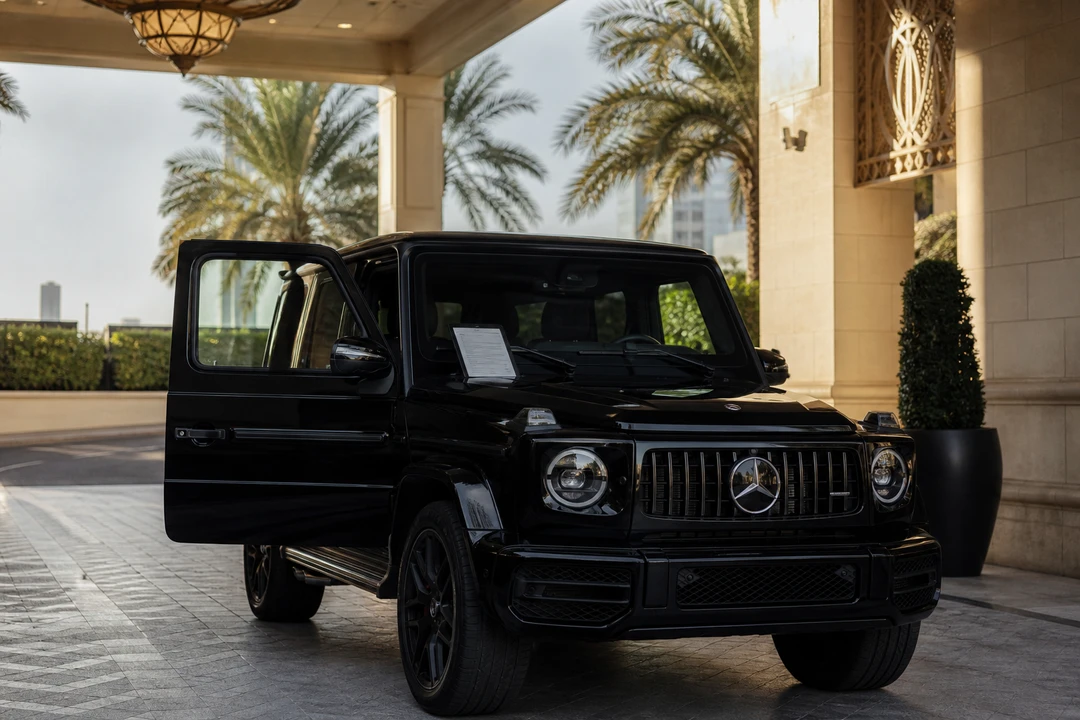 Rental deposit Dubai handover inspection beside a luxury SUV at a hotel porte-cochère