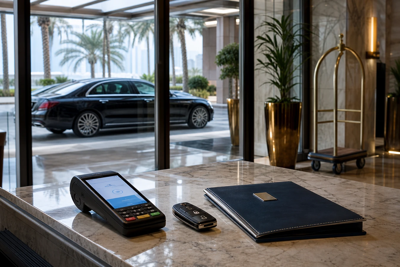 Luxury car rental security deposit Dubai: hotel lobby card terminal and car keys before handover