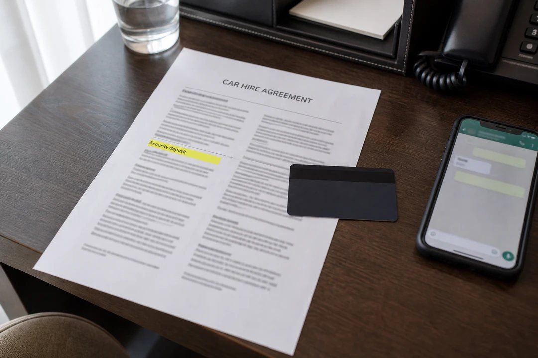 Dubai rental terms showing a security deposit line beside a card and WhatsApp quote