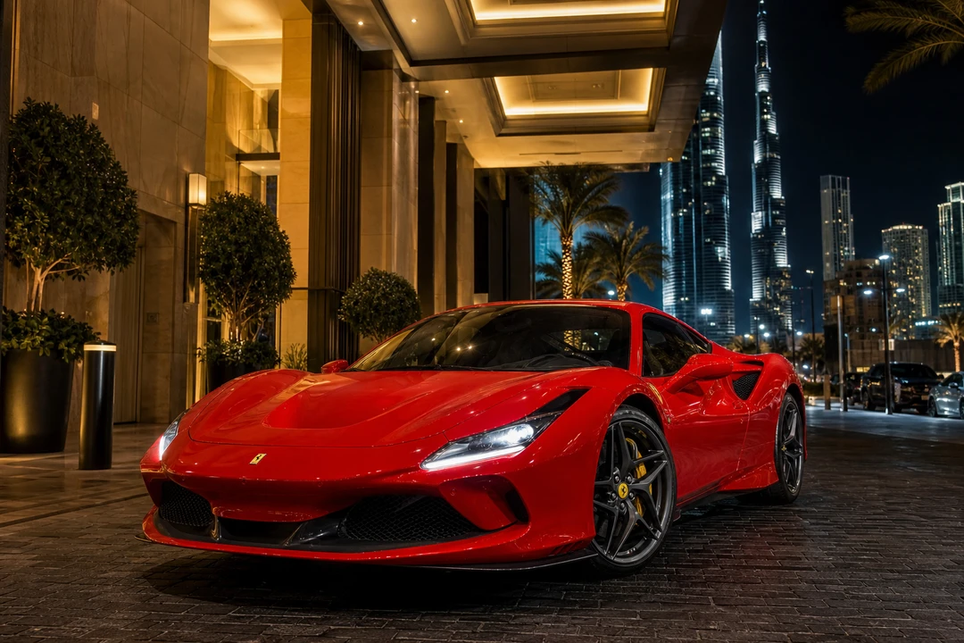 Ferrari F8 Tributo coupe at a Downtown Dubai hotel porte-cochère at night for supercar rental Dubai arrivals