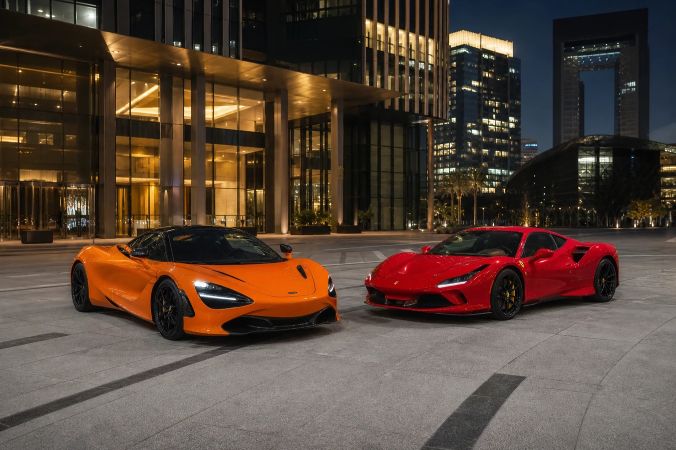 McLaren 720S vs Ferrari F8 Dubai hero with a papaya 720S Coupe and Ferrari F8 Tributo at DIFC after dark
