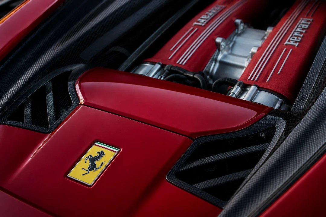 Ferrari F8 Tributo engine cover and prancing-horse badge for McLaren 720S vs Ferrari F8 Dubai identity