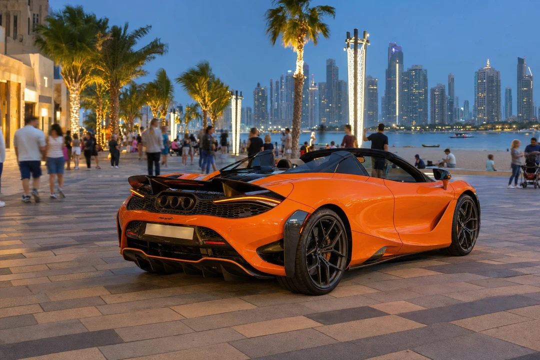 McLaren 750S Spider open-top on JBR The Walk for convertible rental Dubai Marina evenings